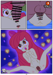 Size: 2480x3507 | Tagged: explicit, artist:theminus, apple bloom, abdominal bulge, anus, banned from derpibooru, bed, breasts, censored, delicious flat chest, equestria girls, female, heart, heart eyes, imported from twibooru, lolicon, looking down, looking up, male, nudity, on bed, one eye closed, open mouth, penetration, sex, spreading legs, underage, vaginal, wingding eyes