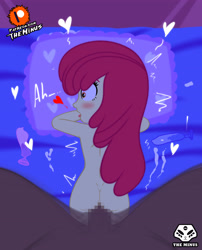 Size: 3100x3829 | Tagged: explicit, artist:theminus, apple bloom, ass, banned from derpibooru, bed, butt, censored, condom, cum, equestria girls, female, from behind, heart, imported from twibooru, lolicon, male, nudity, on bed, penetration, sex, underage, used condom, vaginal