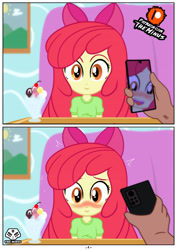 Size: 2480x3507 | Tagged: suggestive, artist:theminus, apple bloom, banned from derpibooru, blushing, comic, cropped porn, equestria girls, female, high res, human, implied sex, imported from twibooru, lolicon, looking at you, looking down, male, male pov, offscreen character, offscreen male, phone, pov, solo, underage, younger