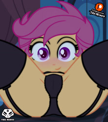 Size: 2893x3273 | Tagged: questionable, artist:theminus, scootaloo, banned from derpibooru, black bra, black panties, black stockings, black underwear, bra, butt, child, clothes, equestria girls, female, garters, high res, imported from twibooru, lolicon, scootabutt, socks, stockings, thigh highs, underage, underwear, young