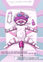 Size: 640x924 | Tagged: explicit, artist:t.f.a.n.c.s., princess flurry heart, abdominal bulge, animated, anthro, baby bottle, banned from derpibooru, belly, belly button, blushing, bondage, bound and gagged, brainwashing, breasts, buttplug, choker, crib, delicious flat chest, dildo, fall of equestria, female, fucking machine, gag, gif, horsecock dildo, implied princess cadance, implied shining armor, imported from twibooru, insertion, lolicon, machine, nipples, nudity, pacifier, sex toy, spread legs, spreading, toddler, toddlercon, underage, unguligrade anthro, vaginal insertion, vulva