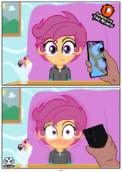 Size: 2480x3507 | Tagged: suggestive, artist:theminus, scootaloo, banned from derpibooru, blushing, comic, cropped porn, dark skin, equestria girls, female, high res, human, implied sex, imported from twibooru, lolicon, looking at you, male, male pov, offscreen character, offscreen male, phone, pov, underage, younger