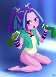 Size: 2500x3450 | Tagged: explicit, artist:uotapo, aria blaze, ariabetes, banned from derpibooru, barefoot, blushing, bottomless, censored, clothes, cute, equestria girls, feet, female, handjob, high res, imported from twibooru, kneeling, lolicon, nudity, open mouth, partial nudity, penis, shirt, siren, trio, underage, vest