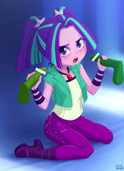 Size: 2500x3450 | Tagged: explicit, artist:uotapo, aria blaze, ariabetes, banned from derpibooru, blushing, boots, censored, clothes, cute, denim, equestria girls, female, handjob, high res, imported from twibooru, jeans, kneeling, lolicon, nudity, open mouth, pants, penis, shirt, shoes, siren, trio, underage, vest