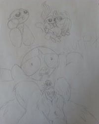 Size: 3120x3907 | Tagged: explicit, rainbow dash, anonymous artist, banned from derpibooru, buttercup (powerpuff girls), female, fetish, imported from twibooru, lolicon, shrinking, sketch, traditional art, unbirthing, underage, vore
