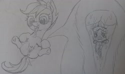 Size: 3981x2355 | Tagged: explicit, scootaloo, anonymous artist, banned from derpibooru, bubbles (powerpuff girls), female, fetish, foalcon, imported from twibooru, lolicon, sketch, traditional art, unbirthing, underage, vore