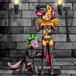 Size: 3500x3500 | Tagged: explicit, artist:anibaruthecat, scootaloo, spike, anthro, ballgag, banned from derpibooru, blushing, chain, child, clothes, crotchless panties, dragon, erection, female, femdom, gag, gimp suit, hat, hoof feet, imported from twibooru, latex, leash, lolicon, lolidom, male, malesub, nudity, panties, pegasus, penis, plantigrade anthro, riding crop, scootadom, scootaspike, shipping, shotacon, shotasub, spikesub, stockings, straight, submissive, thigh highs, underage, underwear, unguligrade anthro, vaginal secretions, vulva