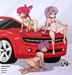 Size: 1929x2000 | Tagged: questionable, artist:oldskullkid, editor:anonymous, apple bloom, scootaloo, sweetie belle, banned from derpibooru, belly button, bikini, black swimsuit, bloom butt, butt, cameltoe, car, car wash, child, choker, clothes, cutie mark crusaders, edit, erect nipples, female, females only, green swimsuit, human, human coloration, humanized, imported from twibooru, lolicon, looking at you, micro bikini, nipple outline, panties, pink swimsuit, scootabutt, skin color edit, swimsuit, tan lines, thong, trio, trio female, underage, underwear, wet, young