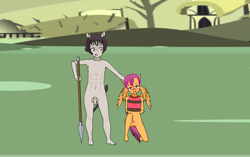 Size: 950x596 | Tagged: explicit, semi-grimdark, scootaloo, comic:zebradom, anthro, banned from derpibooru, bdsm, bondage, captive, clothes, comic, female, human, humanized, imported from twibooru, kisekae, lolicon, male, nudity, pegasus, penis, plantigrade anthro, pony, ponyville, scootasub, spear, submissive, tied up, underage, weapon, zebra, zebradom