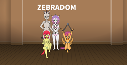 Size: 1160x600 | Tagged: explicit, apple bloom, scootaloo, sweetie belle, comic:zebradom, anthro, ballgag, banned from derpibooru, bdsm, belt, bikini, bloomsub, bondage, chain, clothes, comic, cuffs, earth pony, female, gag, human, humanized, imported from twibooru, kisekae, lolicon, male, pegasus, plantigrade anthro, pony, scootasub, slave, submissive, sweetiesub, swimsuit, underage, underwear, unicorn, zebra, zebradom