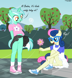 Size: 2636x2828 | Tagged: explicit, artist:tolpain, anthro, banned from derpibooru, bon bon, bottomless, clothes, female, imported from twibooru, lolicon, lyra heartstrings, no panties, nudity, partial nudity, skirt, underage, upskirt, vulva
