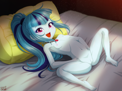 Size: 3086x2298 | Tagged: explicit, artist:uotapo, sonata dusk, banned from derpibooru, barefoot, bed, breasts, child, cute, equestria girls, fangs, feet, female, gem, happy, imported from twibooru, jewerly, laying on bed, lolicon, looking at you, nipples, nudity, on bed, open mouth, ponytail, siren gem, small breasts, sonatabetes, teeth, underage, vagina, younger