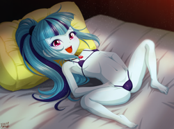 Size: 3086x2298 | Tagged: suggestive, artist:uotapo, sonata dusk, almost nude, banned from derpibooru, barefoot, bed, bikini, breasts, cameltoe, child, clothes, cute, equestria girls, fangs, feet, female, gem, happy, imported from twibooru, jewerly, laying on bed, lolicon, looking at you, on bed, open mouth, panties, ponytail, siren gem, small breasts, sonatabetes, swimsuit, teeth, thong, underage, underwear, younger