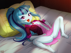 Size: 3086x2298 | Tagged: explicit, artist:uotapo, sonata dusk, banned from derpibooru, barefoot, bed, breasts, child, cleavage, clothes, cute, dress, equestria girls, fangs, feet, female, gem, happy, imported from twibooru, jewelry, jewerly, laying on bed, lolicon, looking at you, necklace, nudity, on bed, open clothes, open mouth, ponytail, siren gem, solo, sonatabetes, teeth, underage, vagina, younger