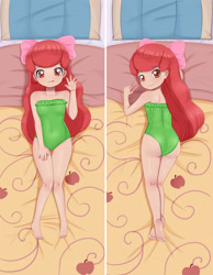 Size: 2480x3189 | Tagged: suggestive, artist:focusb, apple bloom, banned from derpibooru, barefoot, bed, body pillow, body pillow design, bow, clothes, equestria girls, feet, female, green swimsuit, high res, human coloration, imported from twibooru, laying on bed, laying on stomach, lolicon, looking at you, looking back, on bed, swimsuit, underage