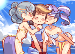 Size: 1920x1400 | Tagged: suggestive, artist:drantyno, diamond tiara, silver spoon, banned from derpibooru, beach, belly dancer, blushing, child, female, human, humanized, imported from twibooru, jewerly, kiss on the cheek, kissing, lolicon, pipsqueak, underage