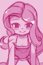 Size: 1020x1530 | Tagged: suggestive, artist:drantyno, fluttershy, banned from derpibooru, blushing, child, clothes, dress, equestria girls, female, imported from twibooru, lineart, lolicon, long sleeves, looking at you, panties, panties pulled down, pink background, simple background, underage, underwear