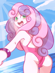 Size: 1200x1600 | Tagged: suggestive, artist:drantyno, sweetie belle, banned from derpibooru, beach, blushing, butt, cameltoe, clothes, equestria girls, female, imported from twibooru, lolicon, looking back, one-piece swimsuit, rear view, sweetie butt, swimsuit, swimsuit aside, underage
