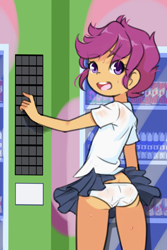 Size: 1280x1920 | Tagged: suggestive, artist:drantyno, scootaloo, accidental exposure, banned from derpibooru, butt, clothes, equestria girls, female, human, imported from twibooru, lolicon, looking back, panties, school uniform, scootabutt, see-through, see-through panties, shirt, skirt, skirt lift, solo, solo female, sweat, teenager, underage, underwear, upskirt, vending machine, wedgie, wet, wet clothes, wet panties, wet shirt, white underwear
