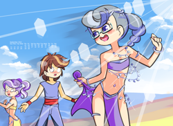 Size: 1920x1400 | Tagged: questionable, artist:drantyno, diamond tiara, silver spoon, banned from derpibooru, beach, belly dancer, blushing, calendar, female, human, humanized, imported from twibooru, jewerly, lolicon, pipsqueak, shocked expression, underage