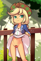 Size: 1280x1920 | Tagged: questionable, artist:drantyno, applejack, banned from derpibooru, cameltoe, child, clothes, equestria girls, female, hat, imported from twibooru, lolicon, music festival outfit, pasties, skirt, skirt lift, underage, underwear, young, younger