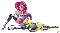 Size: 3116x1723 | Tagged: suggestive, artist:mauroz, pinkie pie, banned from derpibooru, breasts, busty pinkie pie, child, clothes, cow outfit, equestria girls, female, imported from twibooru, lily pad (equestria girls), lilypie, lolicon, simple background, swimsuit, tablet, transparent background, underage, young