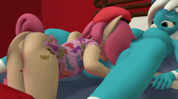 Size: 640x360 | Tagged: explicit, artist:cdv, oc, oc:butter muffin, oc:freezing blizzard, 3d, animated, anthro, banned from derpibooru, cunnilingus, female, imported from twibooru, lesbian, lolicon, oral, sex, spank mark, squirting, underage, unicorn, vaginal secretions