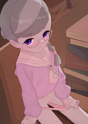 Size: 2480x3508 | Tagged: explicit, artist:dekasuji, silver spoon, banned from derpibooru, blushing, book, censored, child, clothes, cutie mark accessory, edit, equestria girls, exposing, female, glasses, imported from twibooru, indoors, lolicon, looking at you, mosaic censor, namesake, nudity, panties, panty pull, part of a set, polka dot underwear, sitting, solo, solo female, uncensored, underage, underwear, vulva