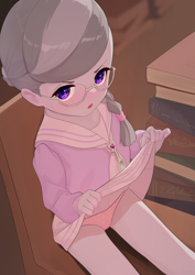 Size: 2480x3508 | Tagged: questionable, artist:dekasuji, silver spoon, banned from derpibooru, blushing, book, child, clothes, cutie mark accessory, equestria girls, female, glasses, imported from twibooru, indoors, lolicon, looking at you, namesake, part of a set, polka dot underwear, school uniform, sitting, skirt, skirt lift, solo, solo female, underage, underwear