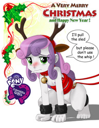 Size: 800x1035 | Tagged: explicit, artist:hazardhead69, sweetie belle, abuse, all fours, antlers, banned from derpibooru, barefoot, bell, bell collar, bondage, christmas, clothes, collar, costume, cuffs, dialogue, english, equestria girls, equestria girls logo, feet, female, functionally nude, harness, headband, holiday, holly, implied whipping, imported from twibooru, lolicon, merry christmas, nipples, nudity, reindeer antlers, solo, solo female, sweetiebuse, tack, underage, vulva