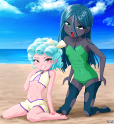 Size: 4728x5128 | Tagged: suggestive, artist:uotapo, queen chrysalis, banned from derpibooru, beach, belly button, bikini, clothes, cozy glow, duo, duo female, equestria girls, equestria girls-ified, female, g4, high res, human, imported from twibooru, lolicon, looking at you, midriff, ocean, sand, seaside, swimsuit, underage, water