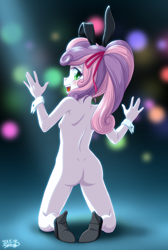 Size: 2000x2981 | Tagged: explicit, artist:uotapo, sweetie belle, banned from derpibooru, blushing, bunny ears, bunny suit, butt, child, clothes, cuffs (clothes), equestria girls, female, high heels, high res, human, imported from twibooru, lolicon, looking at you, looking back, looking back at you, nudity, open mouth, playboy bunny, playboy bunny sweetie belle, shoes, solo, solo female, sweetie butt, underage