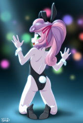 Size: 2000x2981 | Tagged: suggestive, artist:uotapo, sweetie belle, banned from derpibooru, blushing, bunny ears, bunny suit, butt, child, clothes, cuffs (clothes), equestria girls, female, high heels, high res, human, imported from twibooru, lolicon, looking at you, looking back, looking back at you, open mouth, playboy bunny, playboy bunny sweetie belle, shoes, solo, solo female, sweetie butt, underage