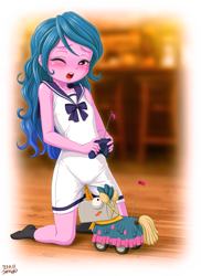 Size: 2500x3433 | Tagged: questionable, artist:uotapo, banned from derpibooru, blushing, bowtie, clothes, cute, dress, equestria girls, equestria girls-ified, female, g5, g5 to equestria girls, generation leap, high res, imported from twibooru, izzy moonbow, izzybetes, kneeling, lolicon, masturbation, missing shoes, one eye closed, remote control, señor butterscotch, socks, solo, stocking feet, toy, underage, younger