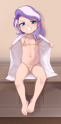Size: 2264x4584 | Tagged: suggestive, artist:pestil, diamond tiara, banned from derpibooru, bathrobe, bikini, blushing, clothes, female, human, humanized, imported from twibooru, lolicon, looking at you, micro bikini, presenting, robe, sitting, solo, solo female, swimsuit, underage