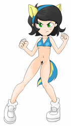 Size: 1440x2560 | Tagged: explicit, artist:lockhe4rt, artist:naked drawfag, editor:anonymous, oc, oc:anonfilly, alternate edit, angry, banned from derpibooru, bikini, bottomless, breasts, clenched fist, clothes, cute, edit, fake ears, fake tail, female, frown, human, humanized, imported from twibooru, lolicon, looking at you, madorable, nudity, oc only, ocbetes, partial nudity, partial nudity edit, pose, pouting, preteen, pubic hair, shoes, simple background, small breasts, socks, solo, standing, swimsuit, swimsuit edit, unamused, underage, underboob, vulva, white background, wondercolts, wondercolts swimsuit