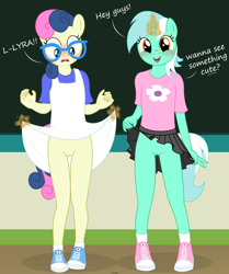 Size: 2876x3434 | Tagged: explicit, artist:tolpain, anthro, banned from derpibooru, blushing, bon bon, bottomless, clothes, commando, dialogue, dress, earth pony, female, flashing, imported from twibooru, lesbian, lolicon, looking at you, lyra heartstrings, lyrabon, magic, no panties, nudity, ponyville schoolhouse, shipping, shoes, showing off, skirt, skirt lift, sundress, underage, unicorn, upskirt, vulva, younger