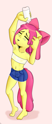 Size: 1191x2800 | Tagged: questionable, artist:riscke, apple bloom, anthro, banned from derpibooru, clothes, earth pony, erect nipples, eyes closed, female, freckles, imported from twibooru, lolicon, nipple outline, see-through, simple background, solo, tube top, underage, water bottle, wet clothes