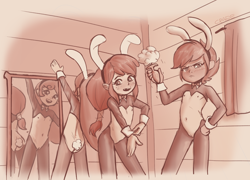 Size: 1698x1221 | Tagged: explicit, artist:crade, apple bloom, scootaloo, sweetie belle, anal tail plug, animal ears, banned from derpibooru, bunny ears, buttplug, cufflinks, cutie mark crusaders, female, human, humanized, imported from twibooru, lolicon, mirror, monochrome, playboy bunny apple bloom, playboy bunny scootaloo, playboy bunny sweetie belle, reverse bunny suit, sex toy, underage