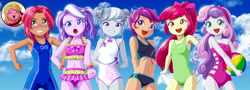 Size: 1620x580 | Tagged: safe, artist:uotapo, apple bloom, babs seed, diamond tiara, scootaloo, silver spoon, sweetie belle, adorabloom, adorabullies, alternate hairstyle, apple bloom's bow, armpits, beach, beach ball, belly button, bikini, bikini bottom, bikini top, blushing, bow, cheongsam, child, clothes, cloud, cute, cutealoo, cutie mark crusaders, diamondbetes, diasweetes, dress, equestria girls, female, freckles, green swimsuit, gritted teeth, hair bow, human, imported from twibooru, legs together, lolicon, midriff, one-piece swimsuit, open mouth, pink swimsuit, school swimsuit, silverbetes, sky, sunflower (g4), swimsuit, teeth, the cutie mark crusaders beachball, towel, trio, trio female, two-piece swimsuit, underage, wall of tags, young