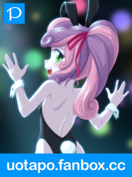 Size: 600x806 | Tagged: suggestive, artist:uotapo, sweetie belle, banned from derpibooru, blushing, bunny ears, bunny suit, child, clothes, cuffs (clothes), equestria girls, female, human, imported from twibooru, logo, lolicon, looking at you, looking back, looking back at you, open mouth, pixiv, playboy bunny, playboy bunny sweetie belle, solo, solo female, underage, url