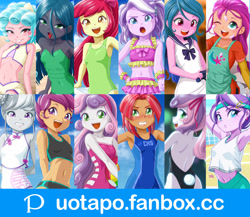 Size: 1200x1042 | Tagged: suggestive, artist:uotapo, apple bloom, babs seed, diamond tiara, queen chrysalis, scootaloo, silver spoon, sweetie belle, advertisement, banned from derpibooru, child, clothes, cozy glow, equestria girls, equestria girls-ified, female, females only, g5, human, imported from twibooru, izzy moonbow, logo, lolicon, pixiv, sunny starscout, swimsuit, underage, url