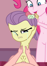 Size: 2857x4000 | Tagged: explicit, grimdark, artist:cloppy hooves, pinkie pie, anal, assisted rape, banned from derpibooru, cowgirl position, crying, equestria girls, female, holding arms, human, imported from twibooru, lily pad (equestria girls), lilypie, lip bite, lolicon, nudity, one eye closed, pain, painal, penetration, rape, restrained, sex, tears of pain, underage