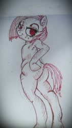 Size: 722x1280 | Tagged: suggestive, artist:pinkiepony, babs seed, arm hooves, ass, banned from derpibooru, bedroom eyes, butt, earth pony, female, imported from twibooru, lolicon, looking back, pinkiepony, semi-anthro, sketch, smiling, traditional art, underage