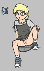 Size: 750x1220 | Tagged: explicit, artist:deserter, :o, accidental exposure, aggie.io, alternate version, banned from derpibooru, bottomless, butterfly, clothes, commando, derpy hooves, distracted, dress, female, gray background, human, humanized, imported from twibooru, insect, lolicon, mismatched socks, no panties, nudity, oblivious, off shoulder, open mouth, oversized clothes, partial nudity, shoes, simple background, skirt, socks, solo, solo female, spread legs, spreading, sundress, underage, upskirt, vulva, younger