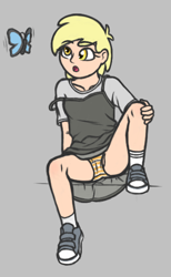 Size: 750x1220 | Tagged: questionable, artist:deserter, :o, accidental exposure, aggie.io, banned from derpibooru, butterfly, clothes, derpy hooves, distracted, dress, female, gray background, human, humanized, imported from twibooru, insect, lolicon, mismatched socks, oblivious, off shoulder, open mouth, oversized clothes, pussy peek, shoes, simple background, skirt, socks, solo, solo female, spread legs, spreading, sundress, underage, upskirt, younger