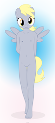 Size: 1704x3799 | Tagged: explicit, artist:tolpain, anthro, banned from derpibooru, barefoot, belly button, breasts, delicious flat chest, derpy hooves, feet, female, imported from twibooru, lolicon, looking at you, nipples, nudity, plantigrade anthro, small breasts, smiling, solo, underage, vulva, younger
