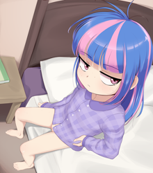 Size: 3332x3794 | Tagged: explicit, artist:pestil, banned from derpibooru, bed, bed hair, bedroom, book, bottomless, clothes, feet, female, freckles, hand on hip, human, humanized, imported from twibooru, lolicon, nudity, pajamas, partial nudity, paywalled source, shirt, sitting, solo, thighs, unamused, underage, vulva, wind sprint