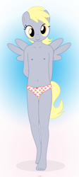 Size: 1704x3799 | Tagged: questionable, artist:tolpain, anthro, banned from derpibooru, barefoot, belly button, breasts, clothes, delicious flat chest, derpy hooves, feet, female, imported from twibooru, lolicon, looking at you, nipples, nudity, panties, plantigrade anthro, small breasts, smiling, solo, underage, underwear, younger