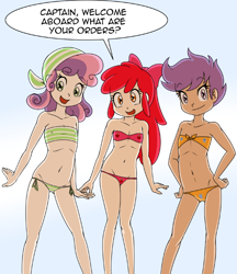 Size: 2016x2332 | Tagged: questionable, artist:anibaruthecat, apple bloom, scootaloo, sweetie belle, banned from derpibooru, bikini, breasts, clothes, cropped, cutie mark crusaders, delicious flat chest, female, human, human coloration, humanized, imported from twibooru, lolicon, looking at you, small breasts, speech bubble, swimsuit, underage